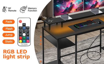 L-Shaped Gaming Desk with LED Lights – Reversible Computer Desk with Power Outlets, Stand & Shelves