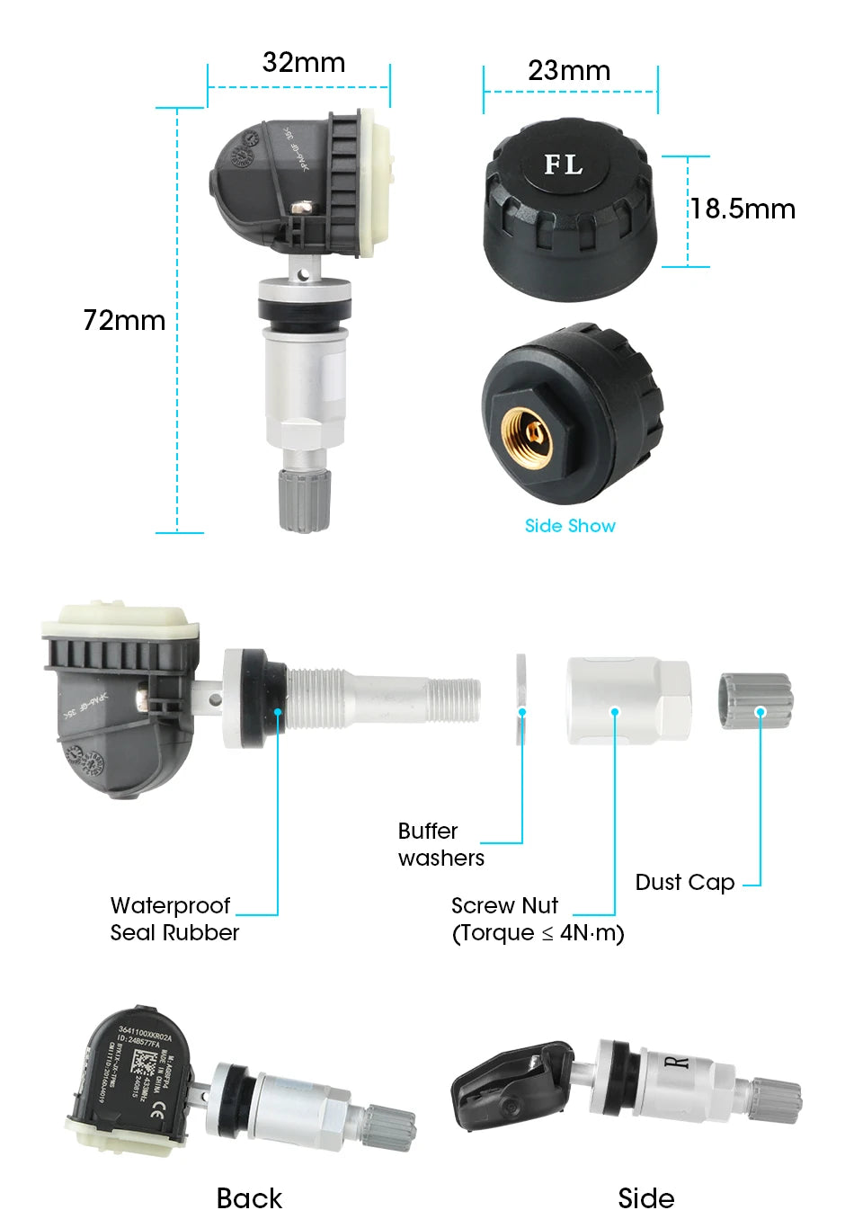 JMCQ USB Android TPMS Tire Pressure Monitoring System – 5 Internal/External Sensors with Display & Alarm for Car Navigation Radio