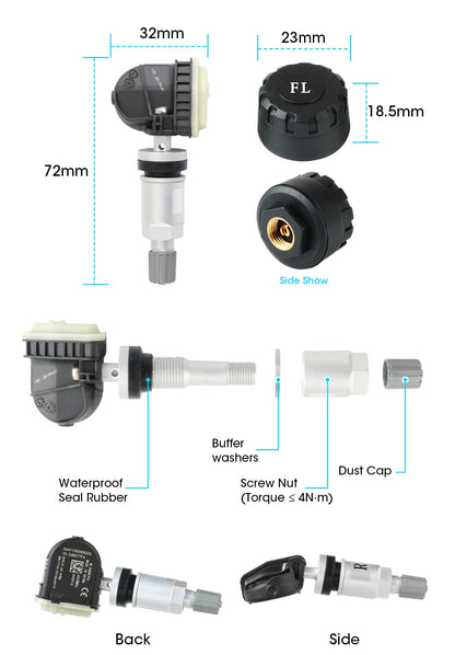 JMCQ USB Android TPMS Tire Pressure Monitoring System – 5 Internal/External Sensors with Display & Alarm for Car Navigation Radio