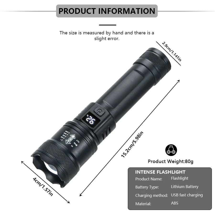 9900LM Powerful LED Flashlight – USB Rechargeable with Battery Display, Telescopic Zoom Torch for Outdoor Camping and Fishing