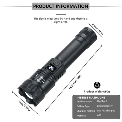 9900LM Powerful LED Flashlight – USB Rechargeable with Battery Display, Telescopic Zoom Torch for Outdoor Camping and Fishing