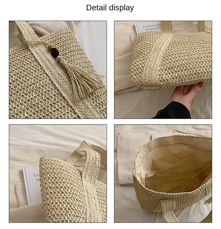 Elegant Straw Woven Handbag – Women’s Retro Beach & Casual Tote Top-Handle Shoulder Bag 2024