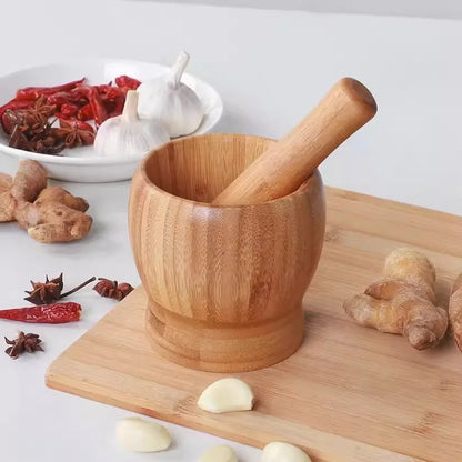 Traditional Bamboo Mortar & Pestle Set – Garlic, Herb & Spice Grinder for Kitchen Crushing and Mashing