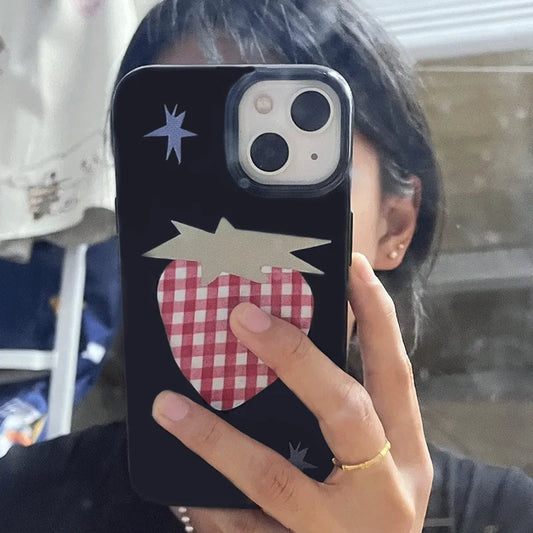 Ins Style Maple Leaves Grid Strawberry Phone Case – Y2K Design for iPhone 16 Pro Max, 15 Pro, 14, 13, 12, 11, XR, XS Max, MINI7, 8Plus