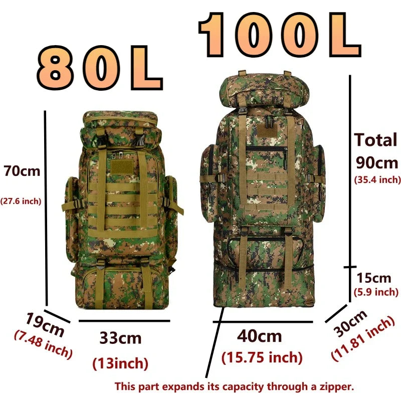 80L/100L Mountaineering Tactical Backpack - Large Outdoor Hiking, Camping & Travel Bag
