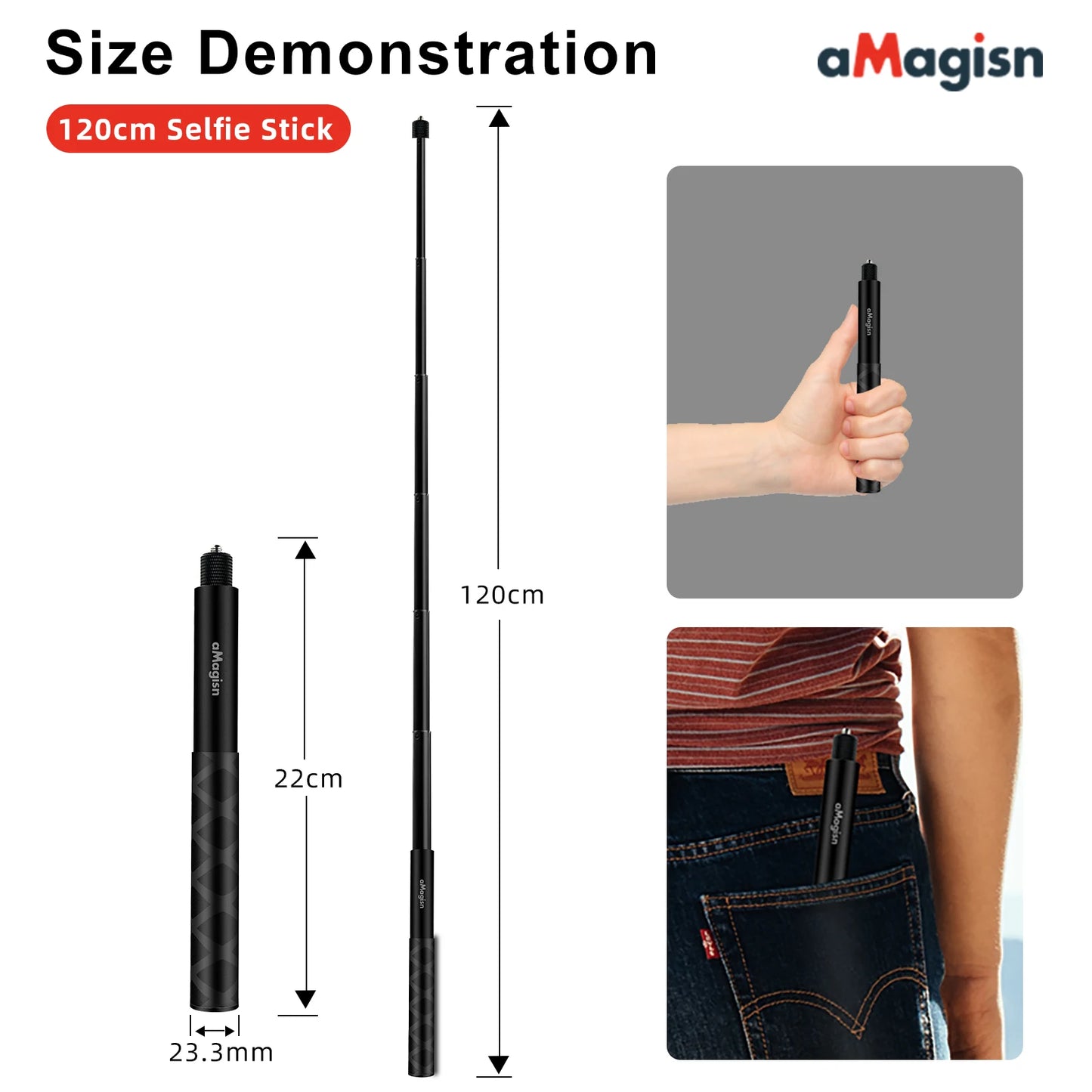 aMagisn 3M Invisible Selfie Stick - 1.2M Carbon Fiber Telescopic Monopod for DJI, GoPro, Insta360 X3/X4 Accessories