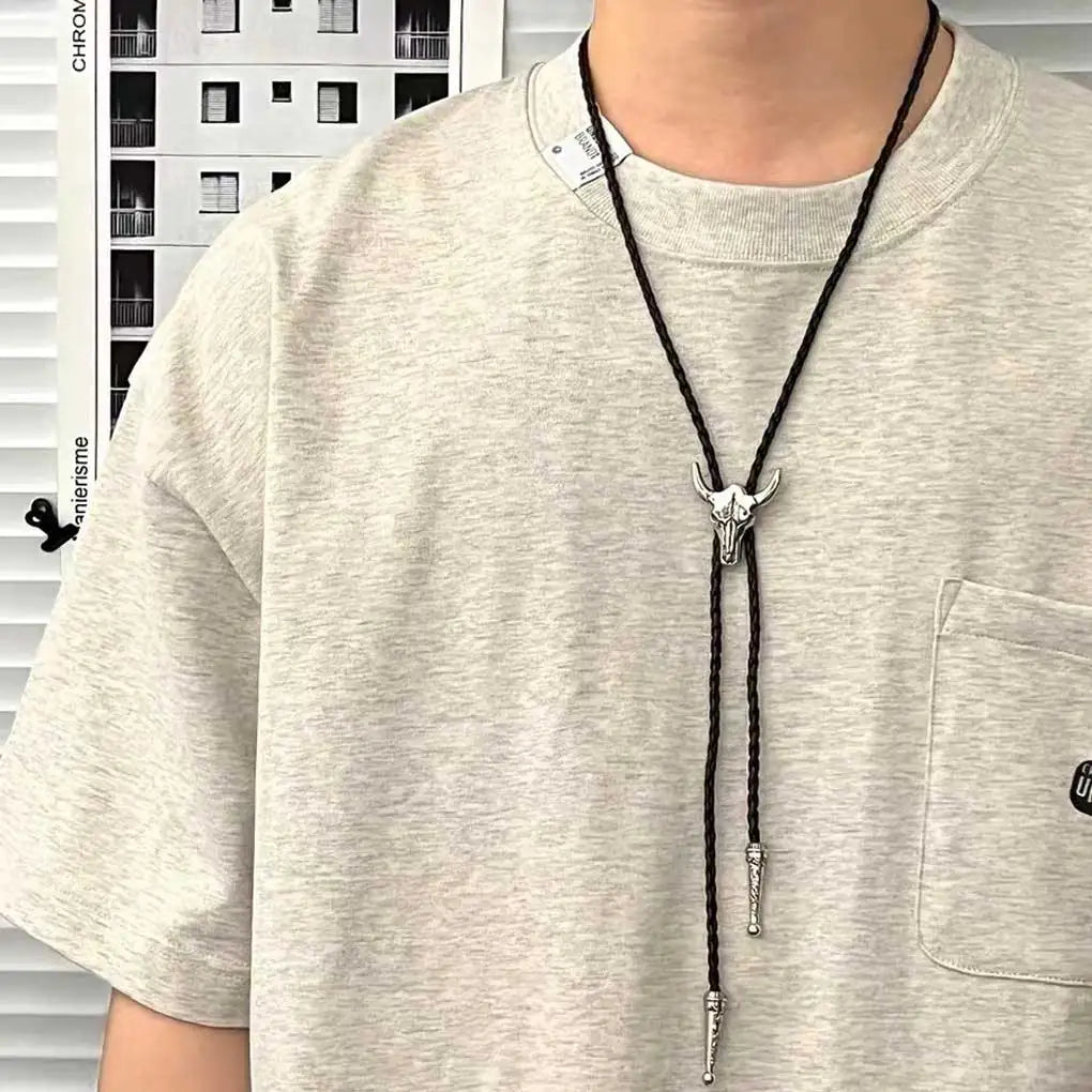 Golden Bolo Tie for Men – Adjustable Cowboy Garment Accessory with Bull Head Pendant, Western Style Necklace