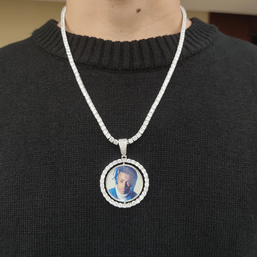 Customized Double-Side Photo Necklace – Personalized Picture Pendant with Cubic Zirconia, Hip Hop Jewelry Gift for Men & Women