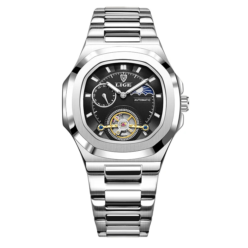 LIGE Dual Seconds Tourbillon Watch – Men's Stainless Steel Mechanical Timepiece, 24H, Night Glow, Waterproof