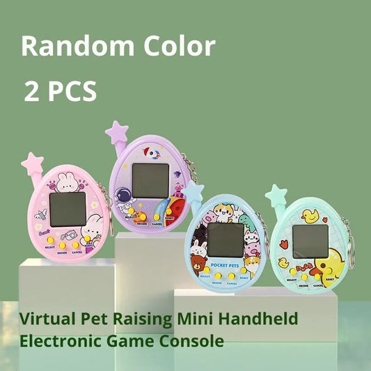 2Pcs Electronic Virtual Pet Raising Handheld Game Console - Mini Keychain Toy in Random Color