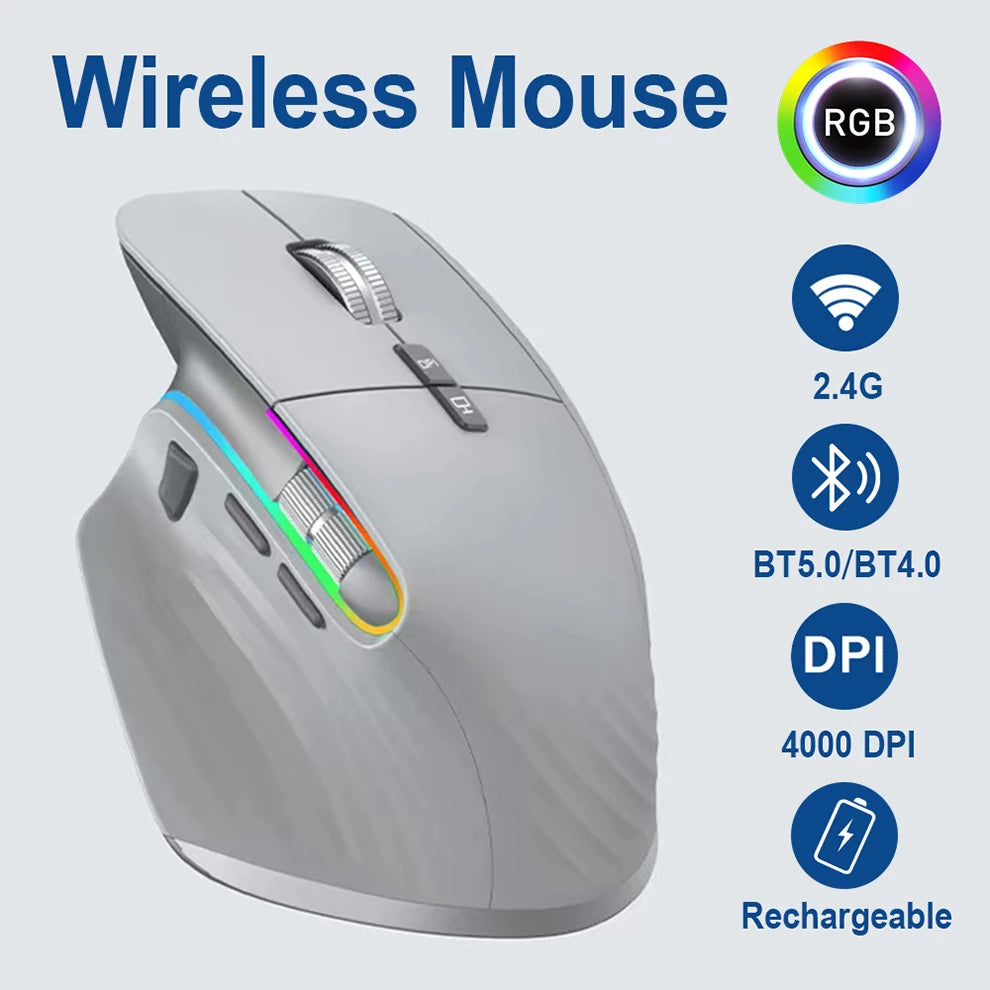 Multi-Device Wireless Mouse - Bluetooth 5.0 & 3.0, 2.4G Portable Optical Mouse, Ergonomic Right-Handed Computer Mice