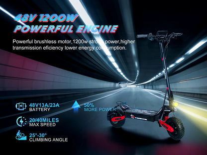 30MPH Electric Scooter with 1200W Motor – 20/40 Mile Range, Spring Damping, Disc Brake & 11" Off-Road Folding Tires