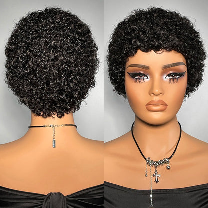99J Short Curly Pixie Human Hair Wig - Full Machine Made, Affordable Kinky Curls on Clearance