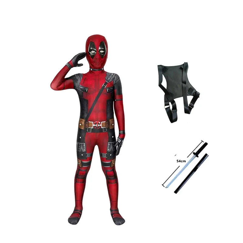 Adult & Kids Deadpool Cosplay Costume – Superhero Jumpsuit with Mask & Swords for Boys