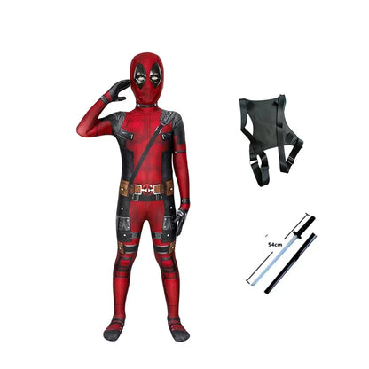 Adult & Kids Deadpool Cosplay Costume – Superhero Jumpsuit with Mask & Swords for Boys