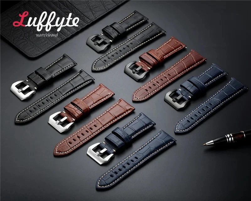 High-Quality Genuine Leather Watch Strap – 20mm-26mm Men's Band in Black, Brown & Blue