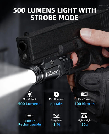 500 Lumens Pistol Light – Rechargeable Flashlight with Strobe Mode for Picatinny & GL Rails, Mini Gun Light