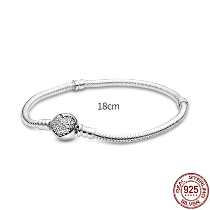 New 925 Sterling Silver Snake Chain Charm Bracelet – Fits Original 925 Pendant Charms & Beads, Heart Bracelet Jewelry for Women
