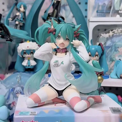 Hatsune Miku 12cm Neko Ears Figure – Cute Anime Desktop Figurine T-Shirt Ver. Kawaii Model Toy Decor