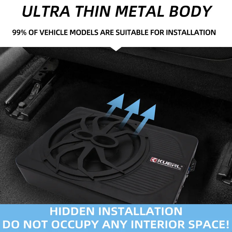 10 Inch Car Audio Subwoofer – 150W RMS Active Stereo, High Power Pure Bass Slim Speaker for Under-Seat Installation