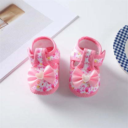 0-18 Months Baby Girls Soft Sole Shoes – Bowknot Flower Print, Non-Slip First Walkers for Indoor & Outdoor
