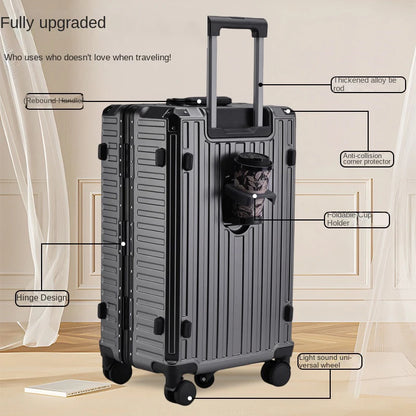 30-Inch Five-Wheel Aluminum Frame Suitcase — Multifunctional Cabin Luggage with Password Lock, USB Port & Cup Holder