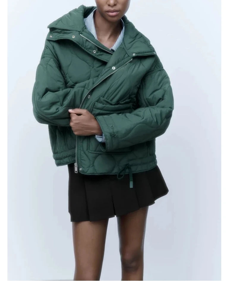 2024 ETJ Quilted Women's Coat – Beige Drawstring High Neck Jacket with Ties & Pockets