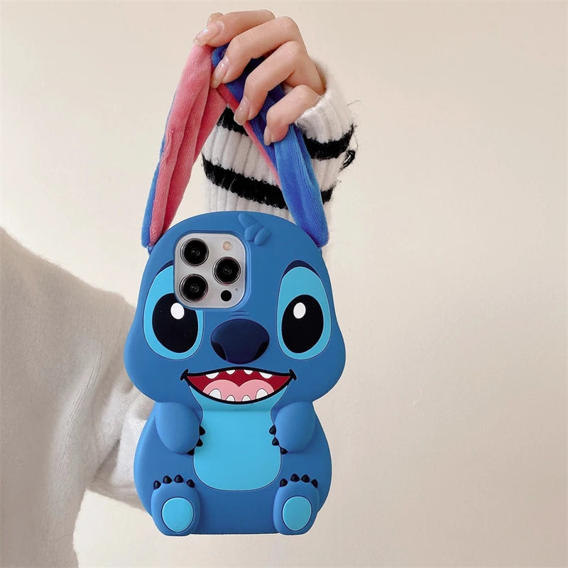 3D Stitch Plush Phone Case — Soft Silicone Cartoon Cover with Ear Strap for iPhone 11-16 Pro Max
