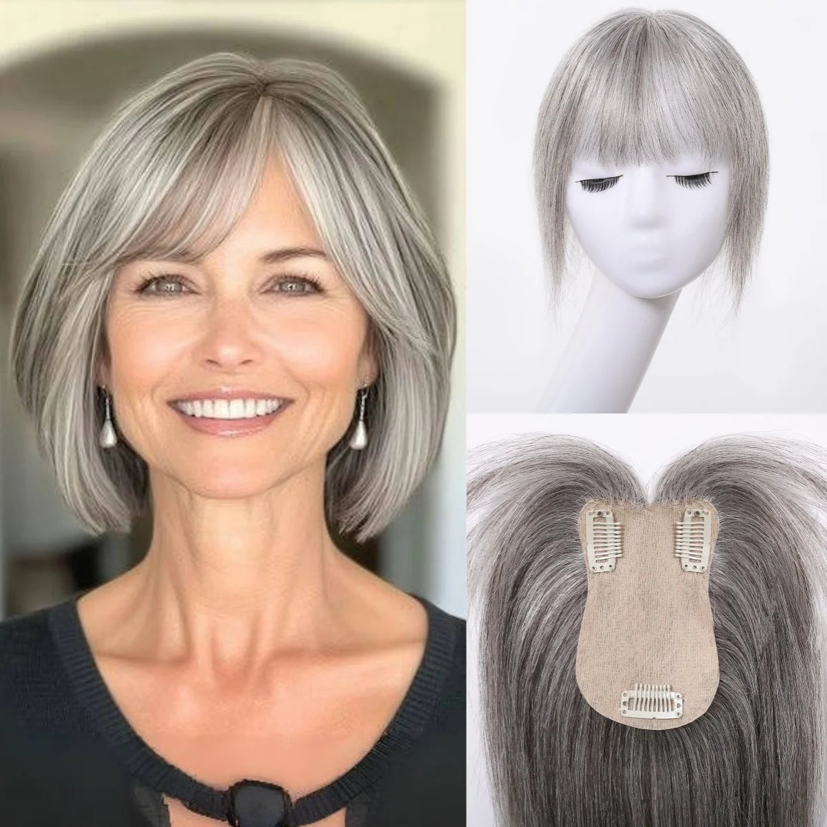 Light Grey Human Hair Topper with Thick Bangs – Clip-In 360° Coverage Hair Extensions for Women