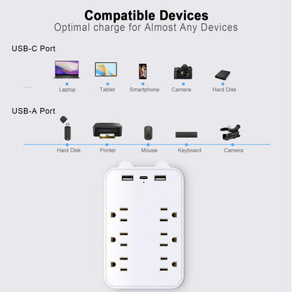 9-in-1 Surge Protector Power Strip: 6-Outlet Extender with 2 USB & 1 USB-C Ports - Multi Plug Outlets Wall Adapter Spaced for Home