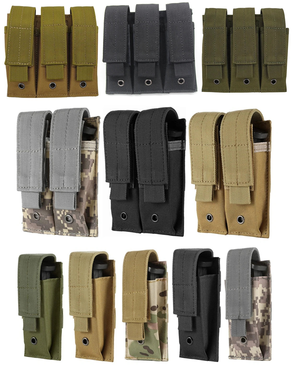 9mm Tactical Magazine Pouch - MOLLE Single & Double Mag Bag, Open-Top Pouch for Glock, M1911, 92F, Torch & Triple Bag