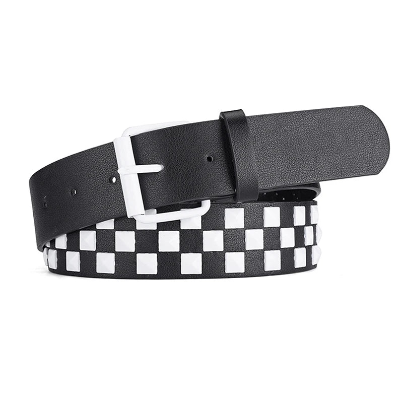 Personalized Checkerboard PU Leather Belt – 107CM Unisex Rivet Punk Hip-Hop Fashion Accessory