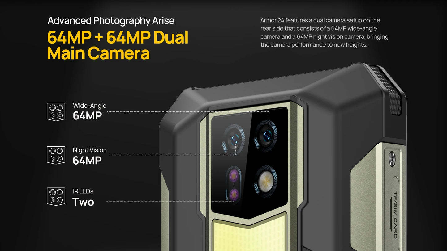 Ulefone Armor 24 Rugged Phone - 22000mAh, 24GB+256GB, 6.78" 120Hz Display, 64MP+64MP Camera, NFC, LED Light, Global Version