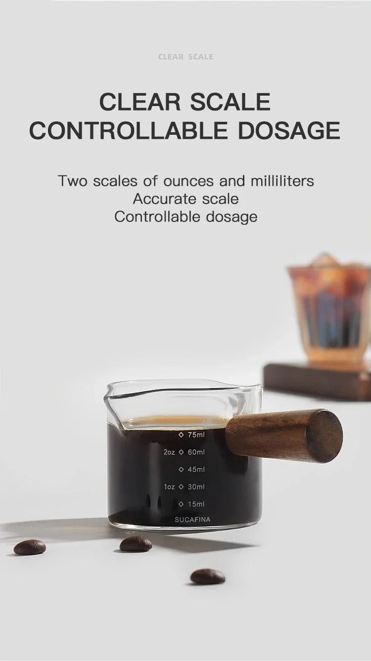 75ML Glass Coffee Measuring Cup with Wooden Handle — Espresso, Milk & Latte Transparent Cup with Scale, Kitchen Coffee Barista Tool