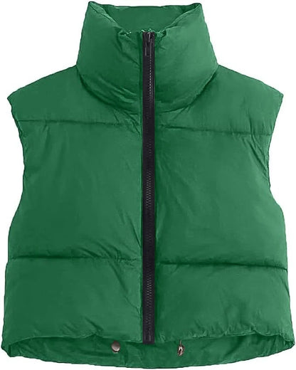 Autumn Winter Women's Short Cotton Down Vest – Warm Quilted Sleeveless Jacket with Stand-Up Collar for Outdoor Travel