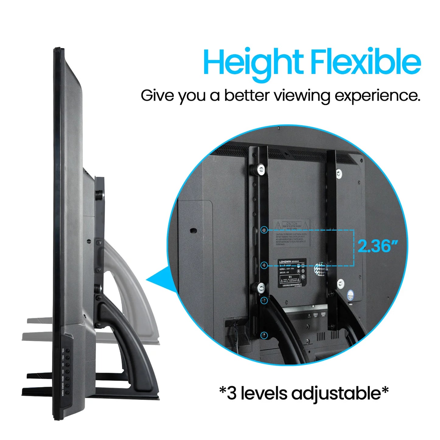 Universal TV Stand – Height Adjustable Base for TVs up to 75", Max VESA 600x400mm, Holds up to 110lbs