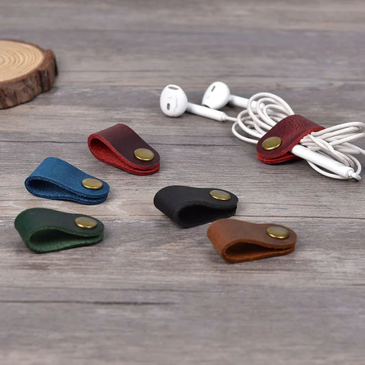 Earphone Wire Organizer – Genuine Leather Cable Winder & Cord Holder, Plug Bobbin Clip for Data Line Wrapping
