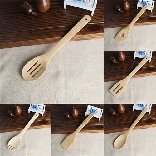 6PCS Bamboo Cooking Utensil Set – Wooden Spoons & Spatulas for Kitchen Mixing & Cooking