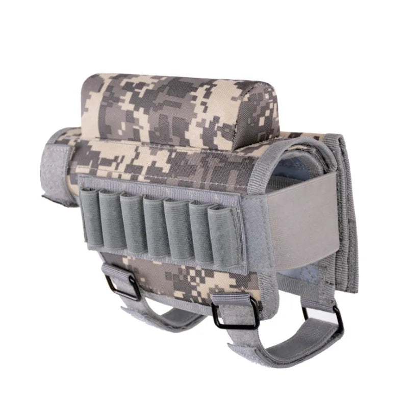 Outdoor Tactical Rifle Cheek Rest Pouch - Camo Nylon Adjustable Butt Stock Riser Pad with Bullet Holder - Hunting Ammo Cartridges Bag