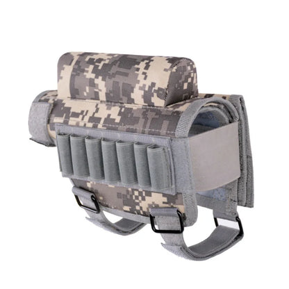 Outdoor Tactical Rifle Cheek Rest Pouch - Camo Nylon Adjustable Butt Stock Riser Pad with Bullet Holder - Hunting Ammo Cartridges Bag