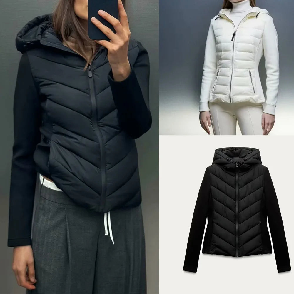 Taop&Za Women's Autumn Cotton Jacket – Fashionable Casual Long Sleeve Stand Collar Hooded Patchwork Coat