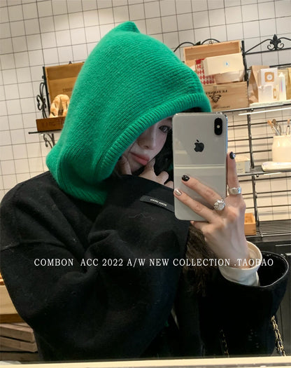 Knitted Hooded Balaclava Hats for Women – Korean Style Winter Outdoor Warmer, Drawstring Neck Collar Beanie Cap