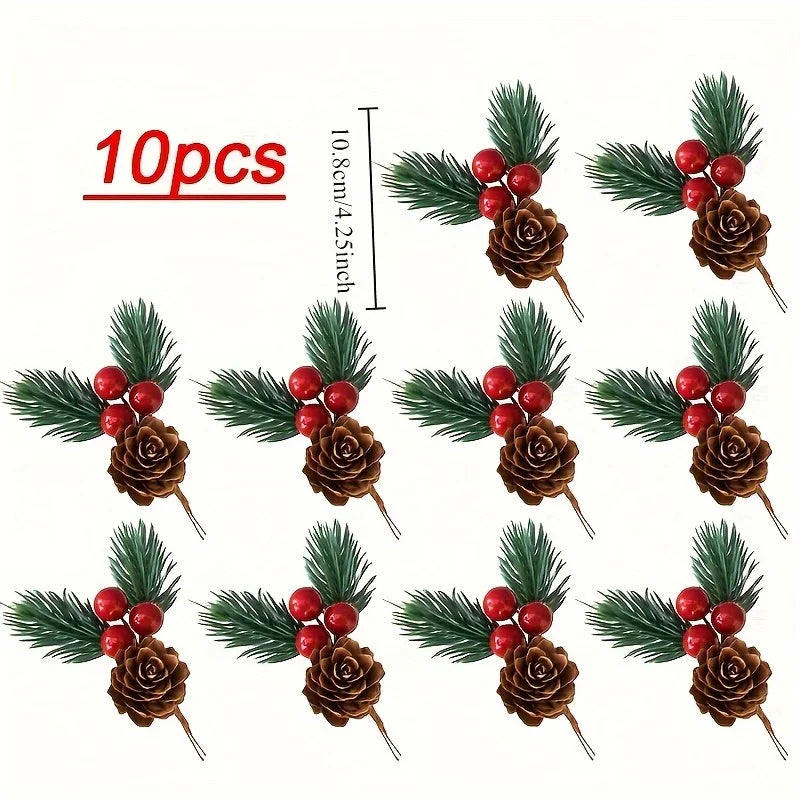 10pcs Artificial Pine Cones & Red Berries – Christmas Tree Toppers & Holiday Decor Set