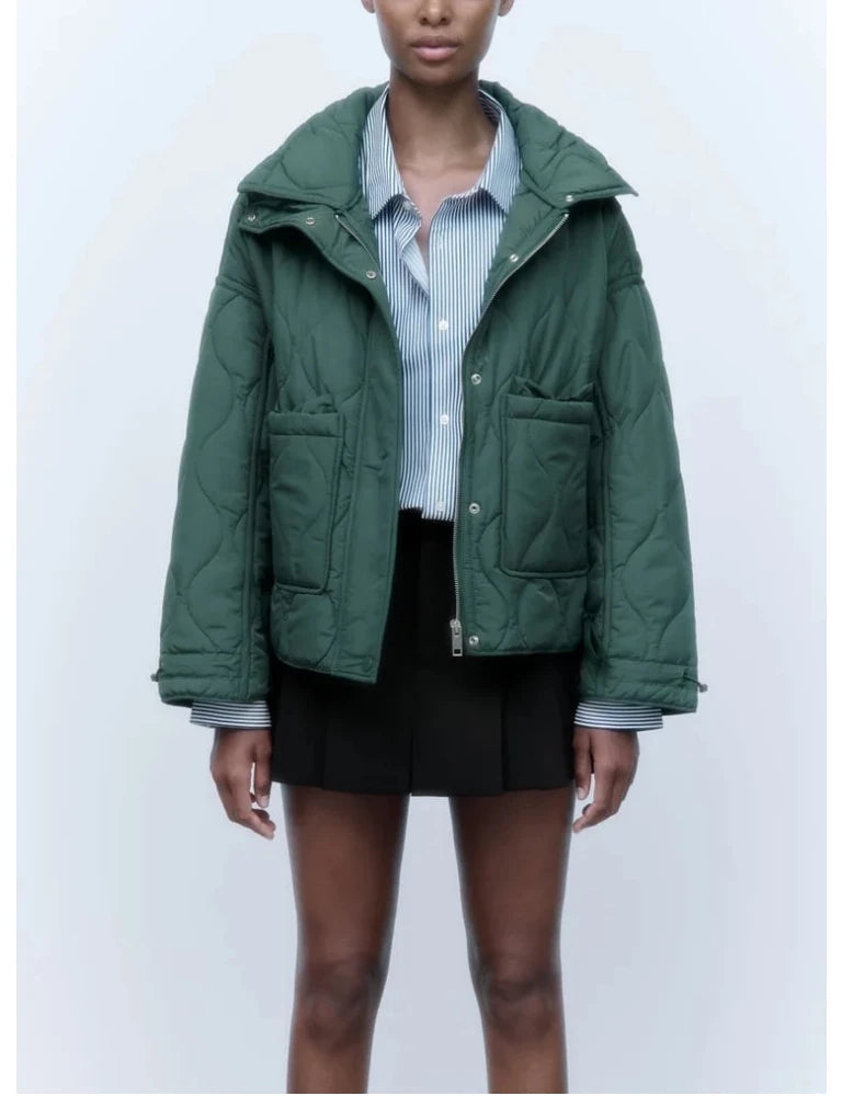 2024 ETJ Quilted Women's Coat – Beige Drawstring High Neck Jacket with Ties & Pockets