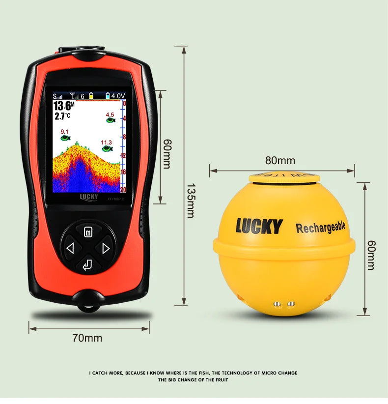 Lucky Sonar Fish Finder FF1108-1CWLA – Rechargeable Wireless Sensor, 45M Depth Echo Sounder for Portable Fishing