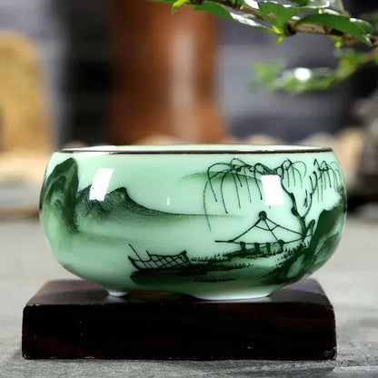 Traditional Celadon Hand-Painted Teacup — 80ml Ceramic Lotus & Bamboo Double-Fish Chinese Tea Cup