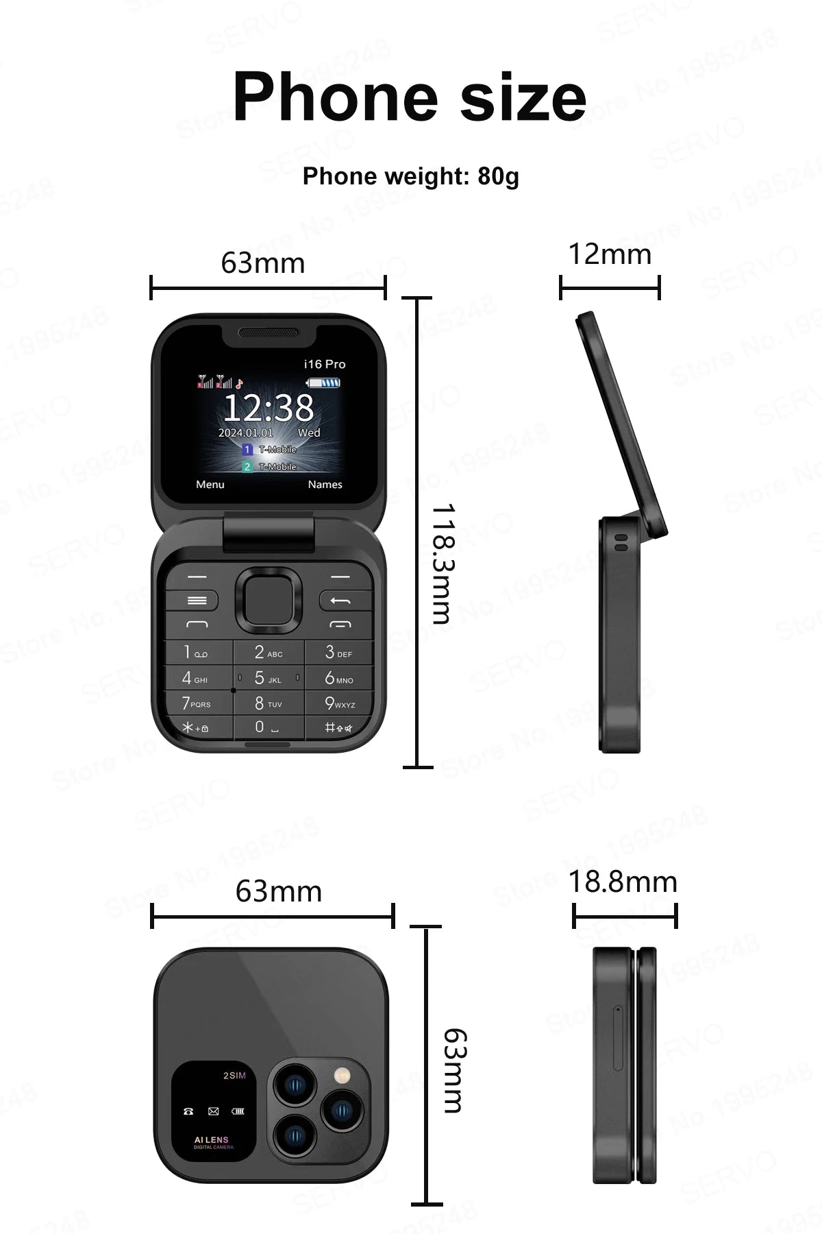 SERVO I16 Pro Mini Fold Mobile Phone — Dual SIM 2G GSM Flip Cellphone with Speed Dial, FM, 3.5mm Jack & Video Player