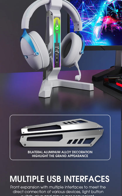 RGB Gaming Headset Stand – LED USB Charging Dock with Sound-Activated Lights & 11 Modes