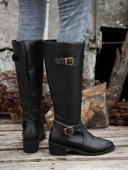 Women’s Winter High-Top Knight Boots – Side Zipper & Belt Buckle, Pointed Toe, PU Material with Cotton Lining