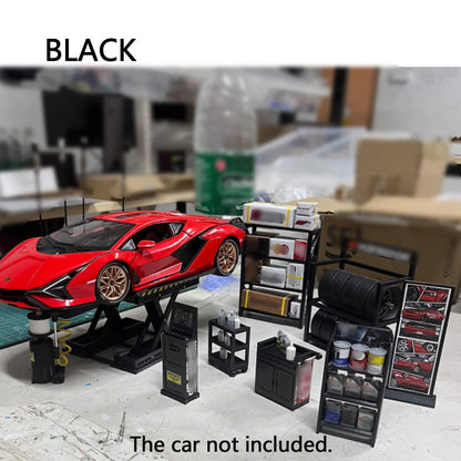 1:18 Car Model Repair Shop Diorama – 9-Piece Modification Parts Set for Collectors & Hobbyists with DIY Tools